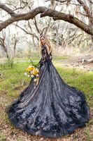 Wholesale Lace Modern Black A line Gothic Wedding Dresses With Long Sleeves Sexy Deep V neck Low Back Women Non White Bridal Gowns Custom Made
