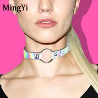 Lady/'s Gold//Silver Ring Holographic Laser Collar Choker Wide PU Leather Necklace