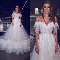 Wholesale Sexy Off Shoulder Lace Feather Wedding Dresses A Line Bridal Gowns Sweep Train Wedding Vestidos Plus Size
