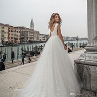Wholesale A Line Wedding Dress Sexy Side Cut Low V Neck Sequin Appliques Long Tulle White Sleeveless Bridal Gowns Court Train