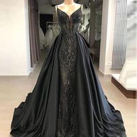 Wholesale Black Spaghetti Straps Lace Mermaid Long Prom Dresses with Satin Over skirts Floor Length Formal Party Evening Gowns
