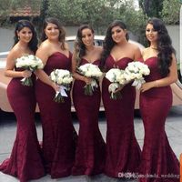 Wholesale 2019 New High Quality Burgundy Color Mermaid Lace Formal Bridesmaid Dress Sweetheart Neckline Long Maid of Honor Gown Plus Size Custom Made