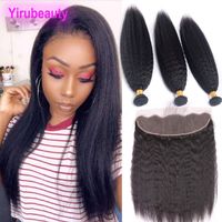 Wholesale Indian Virgin Raw Hair Kinky Straight Bundles With Lace Frontal By Lace Size Human Hair Extensions X4 Frontals