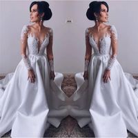 Wholesale Modern Western Church Satin Wedding Dresses Illusion Long Sleeves Appliques Top Satin Long Bride Wedding Gowns
