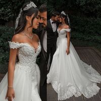Wholesale 2020 Gorgeous Mermaid Wedding Dresses With Detachable Train Lace Appliqued Pearls Beads Off The Shouler Bridal Gowns