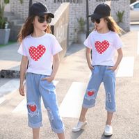 Wholesale Girl Clothes Set Summer Clothes for Girl Short Sleeve Print Heart Ripped Jeans Shorts Children Outfits Size Years