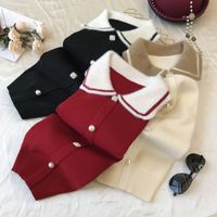 Wholesale New design women s cute color block mohair wool knitted peter pan collar pearl buttons patchwork knitted sweater top shirt