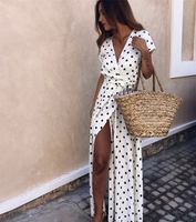 Wholesale Summer Ladies Beachwears with Sashes Casual Dresses Solid Polka Dot Deep V Female Split Short Sleeve Womens Dresses