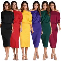 Wholesale Black Ladies Sundress New Arrival Womens Oblique Shoulder Dresses Solid Color Unique Design Plus Size Red