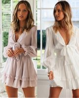 Wholesale Casual Dresses Women Spring Summer V neck Solid Color Pink White Lace Up Bow Elegant Long Sleeves Dress Retro Fashion Temperament