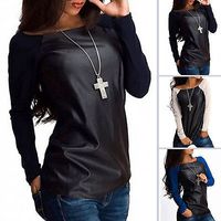 Wholesale Womens Sexy Shirts Scoop Neck Jumper Tops Leather Casual Baseball Tee Blouse Outwear Spring