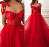 Wholesale Spaghetti Strips A Line Red Prom Dresses Lace Appliques Beaded Crystal Long Tulle Women Special Occasion Party Gowns Evening Dress Spring