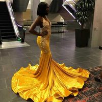 Wholesale 2020 Elegant Yellow Velvet Long Mermaid Prom Dresses For Black Girl Halter Lace Appliques Evening Gowns Backless Sweep Train Prom Wear