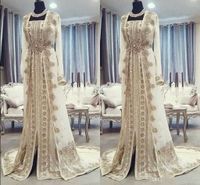 Wholesale Moroccan Caftan Kaftan Evening Dresses Dubai Abaya Arabic Long Sleeves Amazing Gold Embroidery Square Neck Prom Formal Occasion Gowns