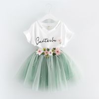 Wholesale Korean Summer baby girls clothes Dress Suits white letter T shirt Flower tutu skirt sets floral children clothing Outfits A488