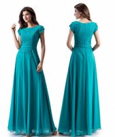 Wholesale Sexy Turquoise A line Lace Chiffon Long Modest Prom Dress With Cap Sleeves New Jewel Floor Length Teal Wed Party Evening Dress