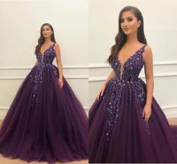 Wholesale 2019 New Hot Dark Purple Quinceanera Dresses Ball Gown Deep V Neck Sequins Sleeveless Open Back Sweep Train Arabic For Party Prom Gowns