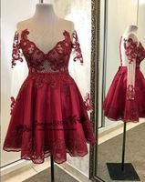 Wholesale 2019 Real picture burgundy Sexy see through Short Prom Dresses Evening party Wear Lace sequined Custom Made Celebrity Cocktail party wear