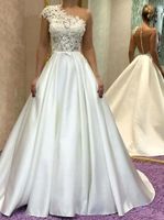 Wholesale Wangyandress Jewel Sheer Neck A line Wedding Dresses Sleeveless Sexy Back See Through Pleated Satin Lace Appliques Bridal Gown