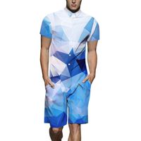 Wholesale Summer Mens New Design Romper D Blue White Gradient Lattice Print Playsuit Male Short Sleeve Beach Sets Casual Jumpsuit US Size