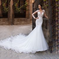 Wholesale Sexy V Neck Long Sleeves Mermaid Wedding Dresses Illusion Skin Tulle Back Appliques Dubai Long Tail Bridal Dress Wedding Gowns