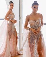 Wholesale Sparkly Rose Gold Sequined Prom Ogstuff Dresses Sexy High Side Split Evening Gown Luxury Formal Party Dresses robes de soirée