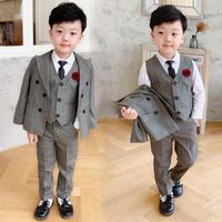 Wholesale New Boys Sets Gray Plaid Wedding Suit England Style Gentleman Formal Tuxedos Kids Spring Clothing Set coat vest pants