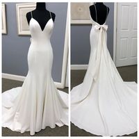 Wholesale Decent Thin Straps Ivory Wedding Dresses Satin Mermaid Sweep Train Backless Wedding Dress with Big Bow Back Vestido de Noiva