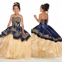 Wholesale Arabic Spaghetti Strap Royal Blue Velvet Ball Gown Flower Girls Dresses With Golden Applique Organza Kids Formal Wear With Ribbon Back