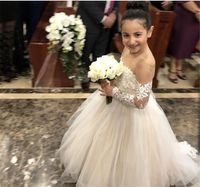 Wholesale Classy White Ball Gown Flower Girl Dresses Lace Tulle kid wedding Dresses Long Sleeve Toddler Girls Pageant Dresses Applique Prom Gown