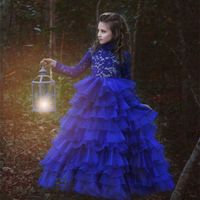 Wholesale Cute Royal Blue Lace Flower Girl Dresses for Weddings Layerd Organza Long Sleeve Kids Party Gowns Communion Dress