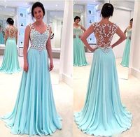 Wholesale Hot Sale Mint A Line Prom Dresses Queen Anne Illusion Back Long Chiffon Evening Gowns with Beaded