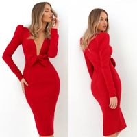 Wholesale Cheap New Fashion Red Mermaid Cocktail Party Dresses Deep V Neck Long Sleeve Satin Bow Knot Evening Gowns Knee Length Formal Dress