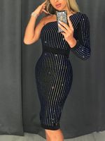 Wholesale Women Sexy Glitter One Shoulder Dress Black Cocktail Midi Bodycon Sequins Party Dresses Spring Female Clothing