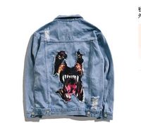 Wholesale Men s Hip Hop Streetwear Denim Jeans Jackets Spring Funny Dog Patch Design Broken Hole Coats Fashion Outwear