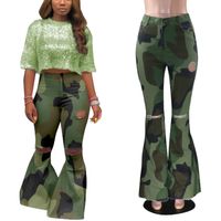 Wholesale 2019 Autumn Best Green Camouflage Women Flare Pants Sexy Girls Holes Jeans S XL High Waist Bell Bottom Casual Trousers Real Image