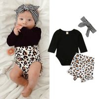 Wholesale Leopard Print Newborn Clothes Autumn Winter Kids Baby Girls Long Sleeve Romper Pants Headband Outfit for Months