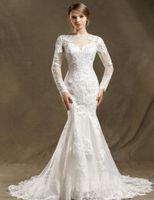 Wholesale Long Sleeve Appliques Beaded Mermaid Wedding Dresses Illusion Sheer Neck Lace Style Fish Tail Bridal Wedding Gowns