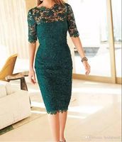 Wholesale Modest Full Lace Mother of the Bride Groom Dresses Sheer Short Sleeves Formal Evening Gowns Plus Size Tea Length Cocktail Party Gowns