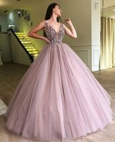 Wholesale 2020 Luxury Beaded Sequins Deep V Neckline Evening Party Gowns Sleeveless A Line Tulle Long Prom Dresses