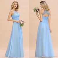 Wholesale 2020 Modest Sky Blue Halter A Line Bridesmaids Dresses With Sash Lace Appliqued Beach Wedding Guest Gowns With Open Back