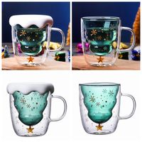 Wholesale Christmas Tree Glass Cup Mugs Heat Resistant Double Layer Glasses Bottes Breakfast Oatmeal Milk Cup Custom Drinking Mug Gift ZZA1192