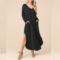 Wholesale T shirt Spring Women Summer V Neck Sexy Pocket Dresses Designer Loose Causual Clothing Long Sleeved Solid Color Long