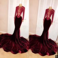 Wholesale Sexy Burgundy Lace Appliqued Long Sleeve Mermaid Prom Dresses High Neck Evening Gowns Couple Fashion Party Dresses