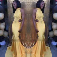 Wholesale Yellow Long Prom Dresses High Neck Cut out Waist Backless Mermaid African Black Girls Gala Evening Dress Formal Party Gowns