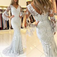 Wholesale Custom Lace Party homecoming Gown Long Deep V Neck Covered Button Mermaid Prom Dresses Floor length