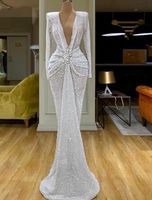 Wholesale glaring Vintage V Neck White Evening Dresses Couture Mermaid Long Sleeves Formal Arabic Evening Gowns Dubai Kaftans Party Dress