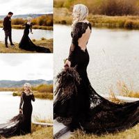 Wholesale Vintage Black Gothic Wedding Dresses with Long Sleeve V neck Lace Applique Backless Long Sleeve Mermaid Beach Boho Bride Wedding Gown