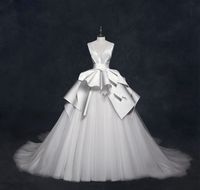 Wholesale 2020 Gorgeous V Neck Satin Wedding Dresses Unique Ruffles Ruched Elegant Bridal Gowns Backless Ball Gown Wedding Dresses with Court Train