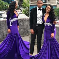 Wholesale Purple Velvet School Prom Dress Mermaid Long Sleeve Deep V Neck White Appliques Evening Party Queen Fomal Occasion Gowns